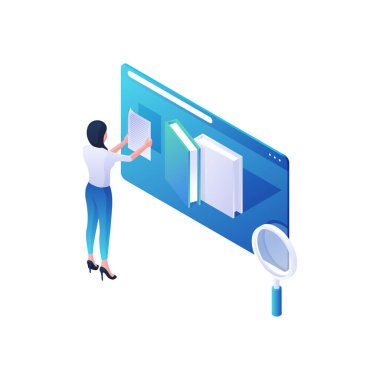 Çevrimiçi kütüphane izometrik illüstrasyonunu analiz eden kadın. Sitede web kitaplarının kısa tanımını okuyan kadın karakter.