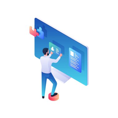 Programcı çevrimiçi kullanıcı hesabı izometrik illüstrasyon geliştiriyor. Erkek karakter web derlemesi ekleyen müşterileri yeniden oluşturur.