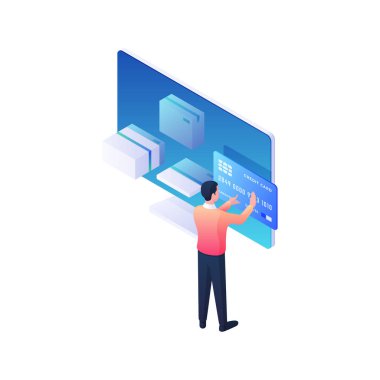 Çevrimiçi izometrik çizimler için ödeme. Erkek karakter, mobil uygulamalarda eşyalar için kredi kartı ödemesi yapar.