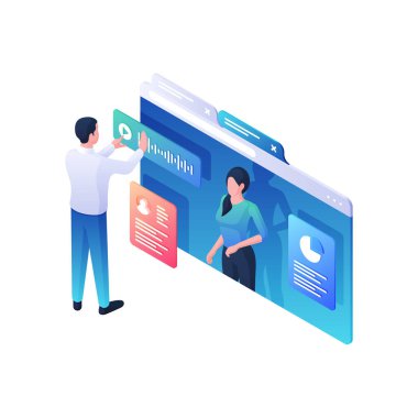 İşadamı, istatistiksel bilgi izometrik illüstrasyonla ilgili web konferansını dinliyor. Erkek karakter, yaratıcı pasta grafikleri hakkında çevrimiçi video izliyor..
