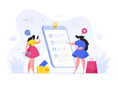 Kadınlar internet üzerinden akıllı telefon uygulaması illüstrasyonunda parfüm sipariş ediyorlar..