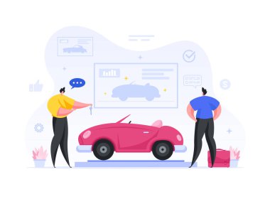 Adam prestijli kuaför konseptinde araba alıyor. Erkek karakter üstü açık kırmızı yarış arabasının özelliklerine benziyor..