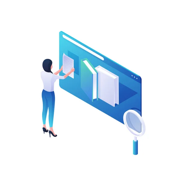 Woman analyzing online library isometric illustration. Female character reading short description of web books on site. — Stock Vector