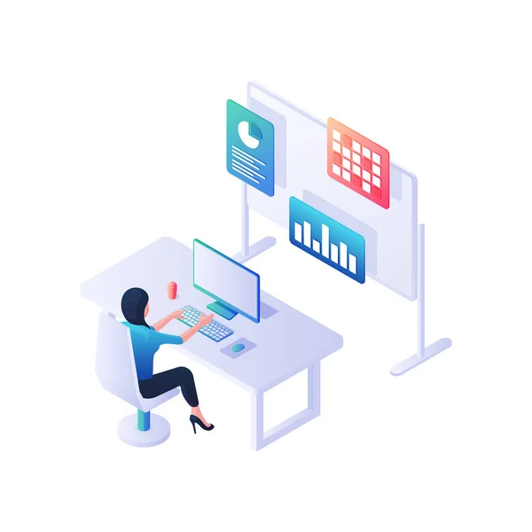 Verzameling en ontwikkeling statistische infographics isometrische illustratie. Vrouwelijk karakter op de computer creëert nieuwe diagrammen. — Stockvector