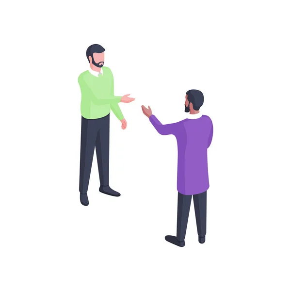 La gente tiene discusión ilustración isométrica. Dos personajes masculinos vestidos de verde y púrpura participan en un diálogo entusiasta con gesto. — Vector de stock