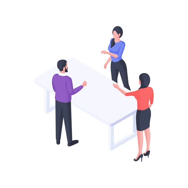 Grupo de discusión empresarial ilustración isométrica. Los trabajadores de oficina de personajes femeninos discuten y dialogan con colegas masculinos. — Vector de stock