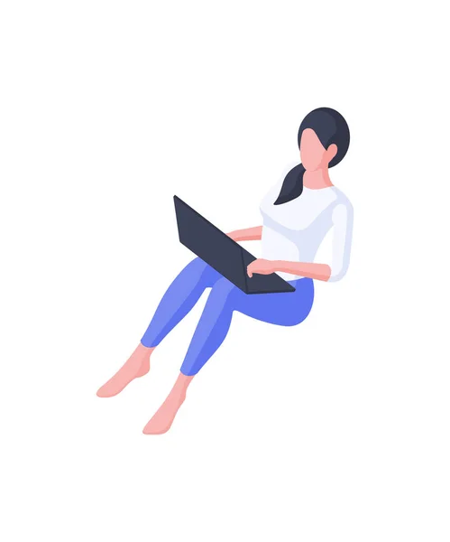 Flicka vilar med bärbar isometrisk illustration. Kvinnlig karaktär sitter bekvämt utan skor med svart gadget. — Stock vektor