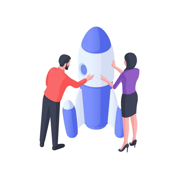 Az emberek rakéta izometrikus illusztrációra készülnek. Férfi és női karakterek vizsgálják kék űrhajó fehér panelek — Stock Vector