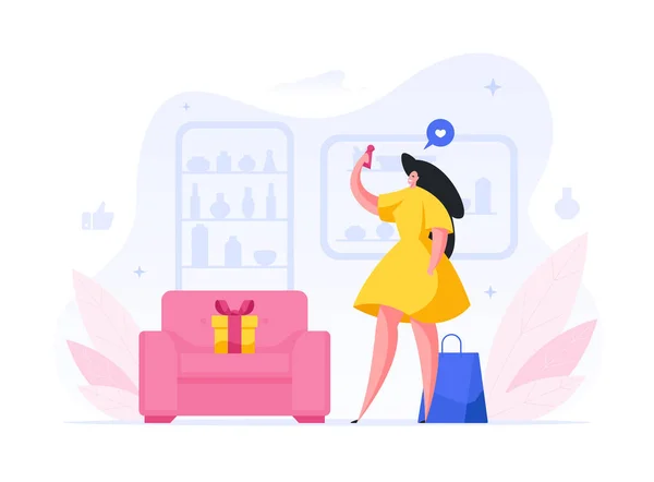 Mujer toma selfie en tienda de moda ilustración de dibujos animados. Elegante personaje femenino en vestido amarillo postea su foto. — Vector de stock