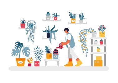 Kadın ev bitkilerini suluyor. Kırmızı tenekeli kadın karakter, çiçekleri ve çalıları suluyor..