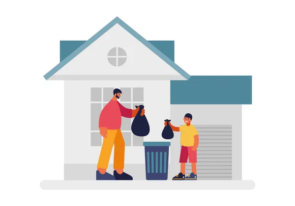 La gente butta via l'illustrazione della spazzatura. Maschio personaggio soddisfatto e bambino in possesso di sacchetti di plastica nera spazzatura. — Vettoriale Stock