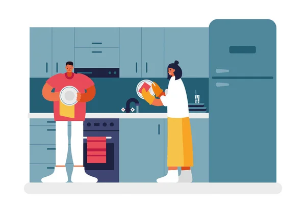Menschen spülen Geschirr in der Küche Illustration. Männliche und weibliche Charaktere waschen Geschirr gründlich mit Schwamm. — Stockvektor