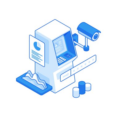 Güvenlik kamerası ve şifre simgesi olan karikatür ATM makinesi