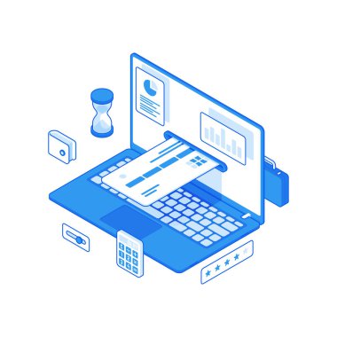 Çevrimiçi ödeme hizmeti için kredi kartı olan çizgi film dizüstü bilgisayarı