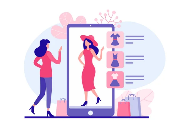 Mujer probando ropa en la ilustración de aplicaciones web. Personaje femenino elige vestido rojo y sombrero de la tienda en línea y prácticamente los viste. — Vector de stock