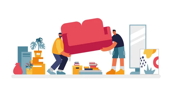 People carry sofa illustration. Two male characters pulling red upholstered furniture in apartment. — Vettoriale Stock