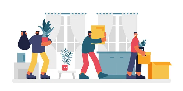 People arrange things in apartment illustration. Three male characters carry boxes things and houseplants. — Stock Vector