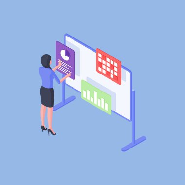 Female employee analyzing various data on whiteboard