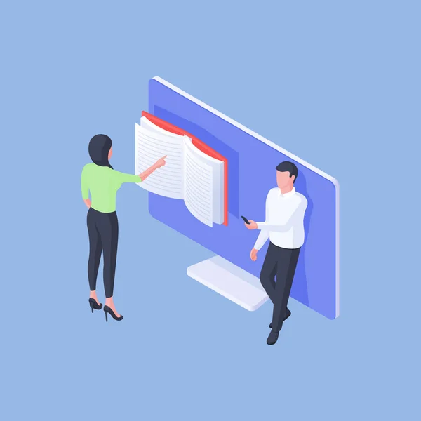 Isometric man and woman studying online together — Stock Vector