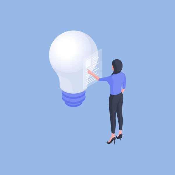 Vector female worker with light bulb reading data — Stok Vektör