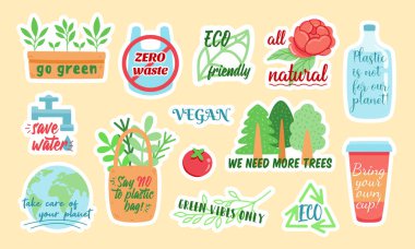 Colorful stickers with ecological pictures and inscriptions