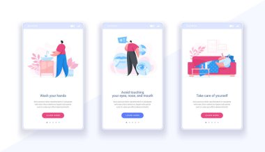 Treatment and hygiene online screen banner. Web course template slide on coronavirus security measures.