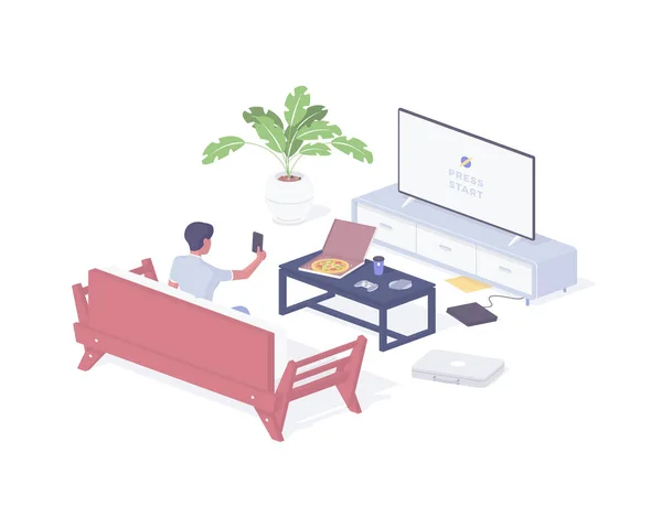 Woman watching tv while relaxing at home isometric illustration. Female character turns on device with favorite movie. — Stok Vektör