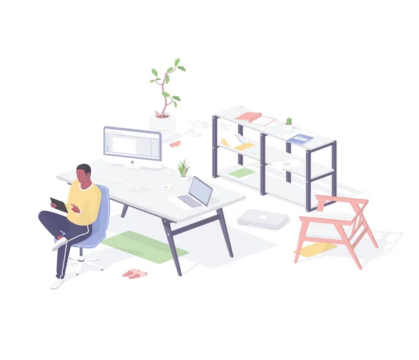 Designer working in office isometric illustration. Male character with tablet is correcting project. — Stok Vektör
