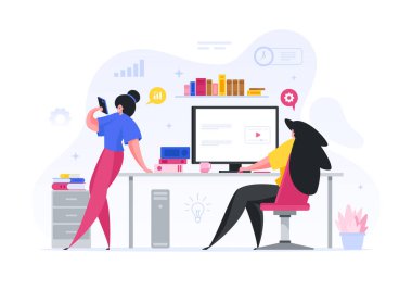 İnsanlar istatistik tutuyor ve çizgi film çizimlerini düzeltiyorlar. Ofisteki kadın karakterler çevrimiçi dersleri ziyaret programlarını analiz ederler.