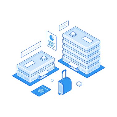 Havaalanı binalarının vektör tasarımı ve seyahat hizmeti web sitesi için bavul