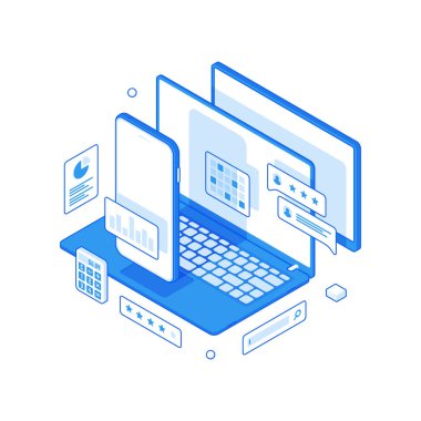 Veri değişimi kavramı için akıllı telefon ve dizüstü bilgisayarlı vektör tasarımı