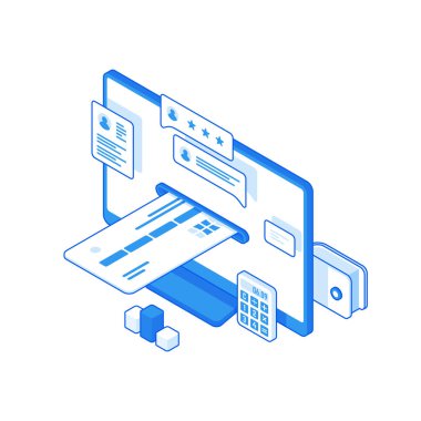 Çevrimiçi ödeme hizmeti için eklenmiş kredi kartı olan çizgi film bilgisayar monitörü