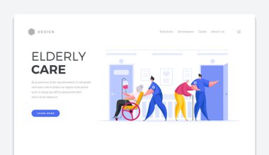 Yaşlı iniş sayfası şablonu ile ilgileniyorum. Uzman kıç delikleri içindeki erkek karakterler yaşlılara yardım ediyor..