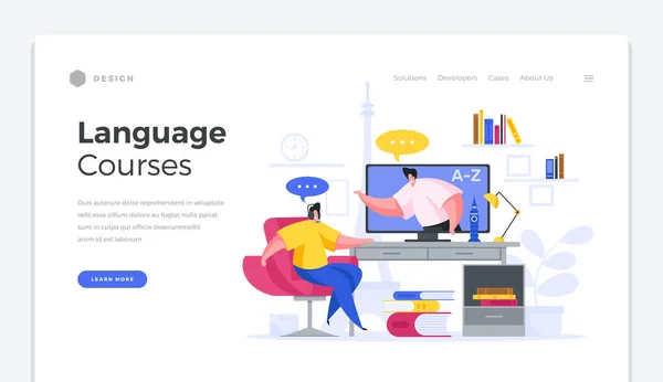 Language web courses home page template. Male character online teacher explains to student in distance learning foreign form speech. — Stock Vector