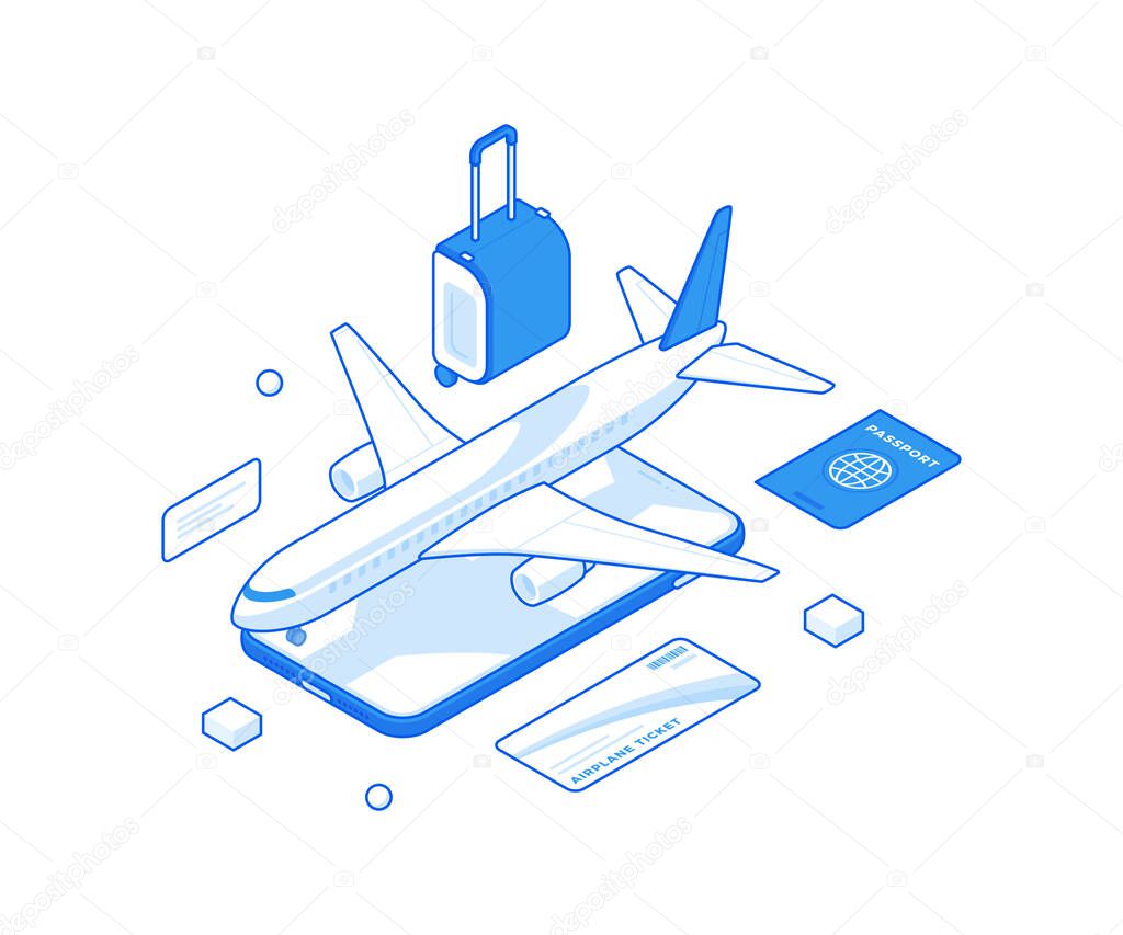 Isometric mobile phone with airplane during travel