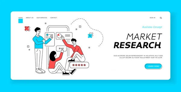 Шаблон целевой страницы исследования рынка. Плоская линейная векторная иллюстрация — стоковый вектор