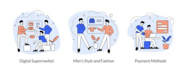 İnternet düz doğrusal vektör illüstrasyon seti ticareti. Dijital süpermarket, erkek stili ve moda, ödeme yöntemleri