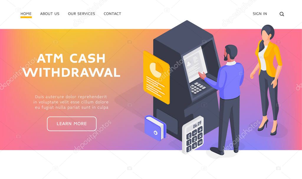 Couple withdrawing cash from ATM isometric vector illustration.