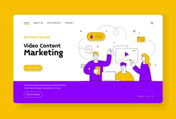 Arkadaşlar videoları izleyip yorum bırakıyorlar. İnternet sitesi afişi. Düz çizgi vektör illüstrasyonu