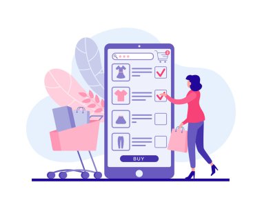 Kadınlar taşınabilir web uygulama vektörü düz çizim giysileri satın alır. Kadın karakter sevdiği eşyaları online alışveriş arabasına gönderir..