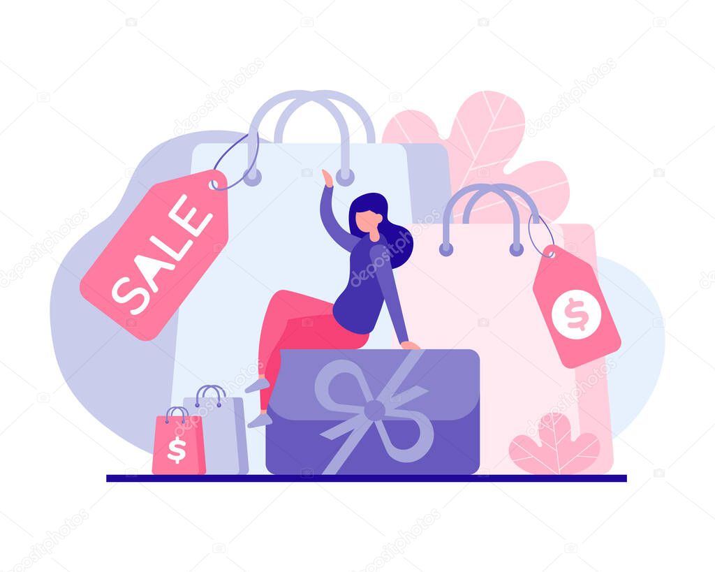 Favorable shopping for holiday discount vector flat concept. Female character sitting on gift box surrounded by promotional sale bags.