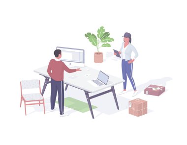 Ofis izometrik çizimine ekspres teslimat paketleri. Kadın karakter kuryesi fatura ve kutularla ayakta duruyor.