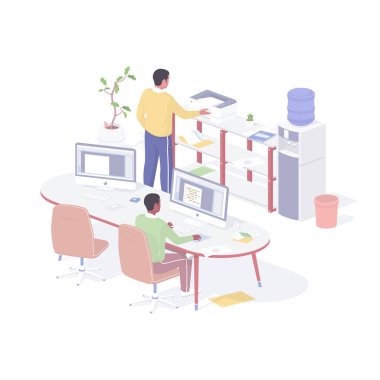 İnsanlar ofis izometrik vektöründe çalışıyor. Erkek karakter bilgisayarda oturur ve çevrimiçi mali istatistik toplar.