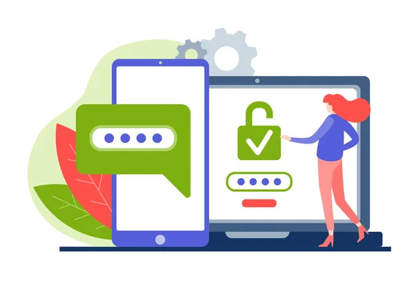 Tillgång till personligt konto via mobilapp vektor platt koncept. Kvinnlig karaktär besöker sin privata webbsida med hjälp av smartphone. — Stock vektor