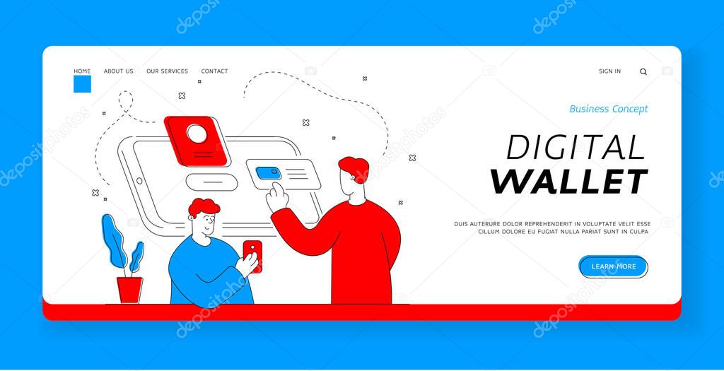 Modern men using digital wallet account. Flat line vector illustration