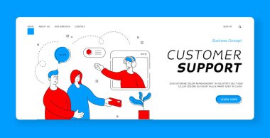 Online mağaza destek uzmanıyla iletişim kuran bir çift. Düz çizgi vektör illüstrasyonu