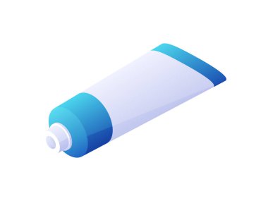 Merhem izometrik vektörlü tüp. Kozmetik ve tıbbi ürünleri depolamak için mavi içerikli beyaz plastik ambalaj kabı.