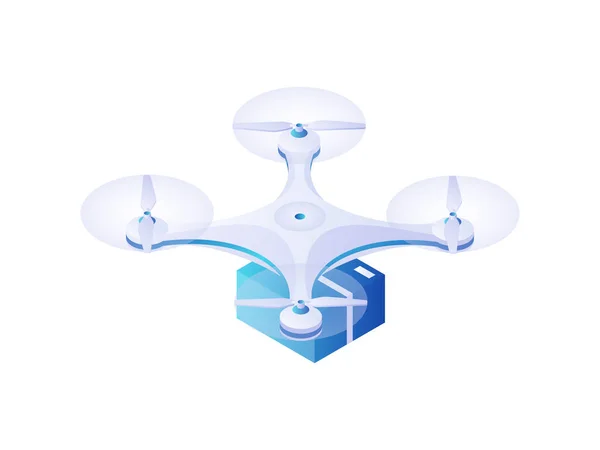 Quadrocopter carregando parcela vetor isométrico. Drone branco moderno voa com caixa encaixotada azul. — Vetor de Stock