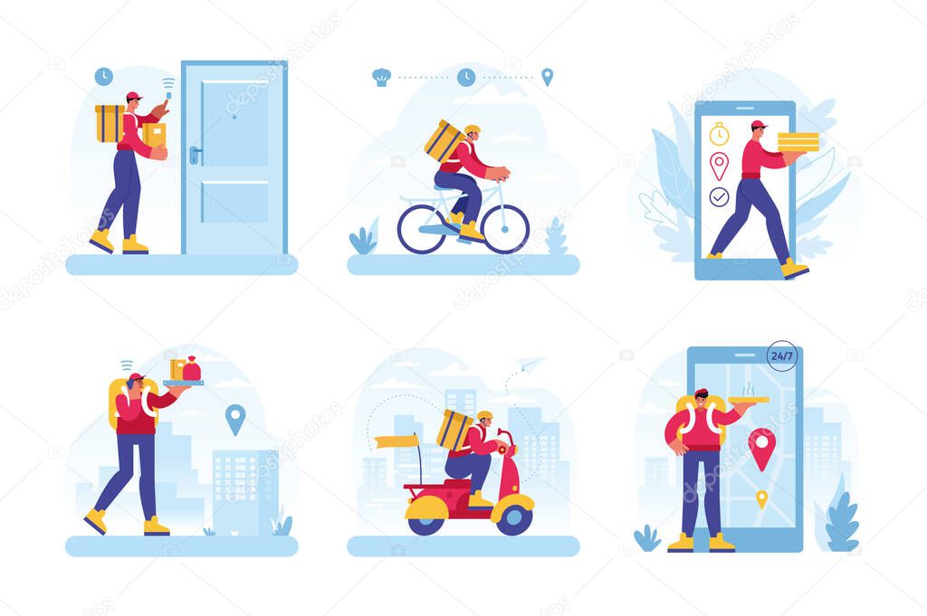 Set of vector illustrations for food delivery services