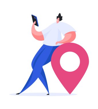 Adam akıllı telefonda GPS uygulaması kullanıyor. Düz vektör illüstrasyonu